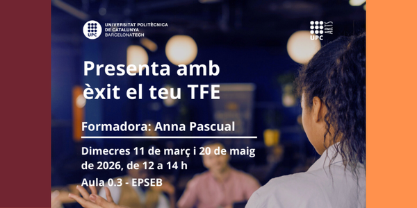 Taller: Presenta amb èxit el teu TFE. Arriba el moment final dels teus estudis i tens dubtes sobre com afrontar el teu Treball de Fi d'Estudis (TFE)? La redacció i la defensa oral són claus per reflectir tot l'esforç que has posat en la teva recerca. Per ajudar-te a millorar la teva comunicació, hem preparat un taller pràctic i intensiu. Les places són limitades.